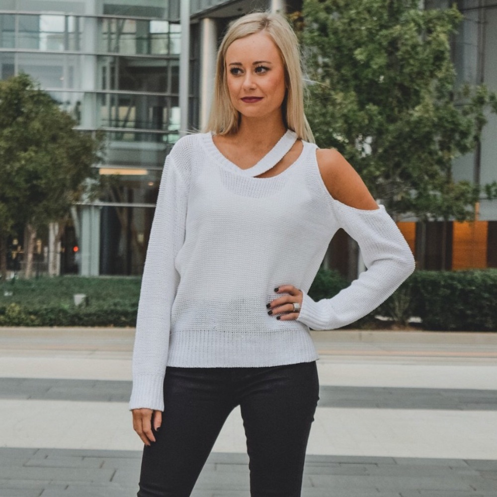 White cold shoulder sweater